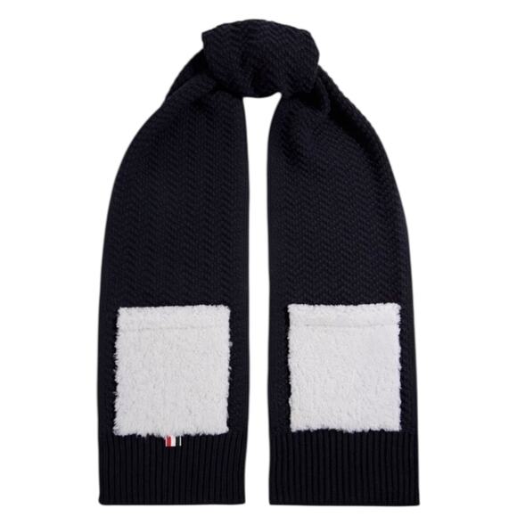Thom Browne Shearling Trimmed Knit Wool Scarf Navy Blue Men 85" - Picture 3 of 9